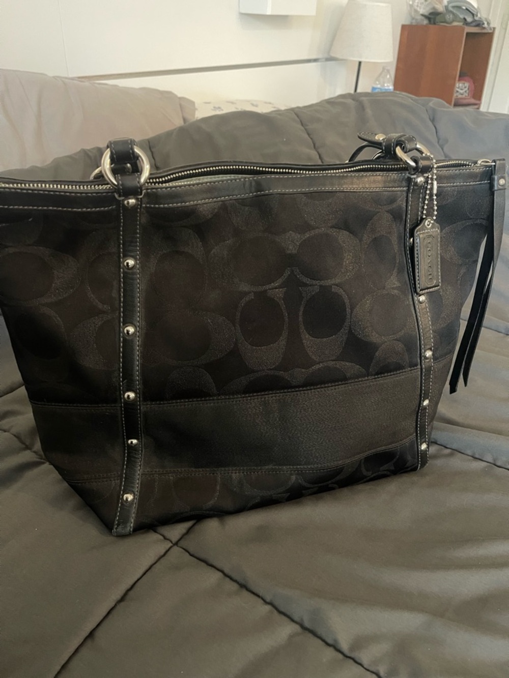 Coach Black Leather Patch with Silver Logo on Light Blue Lining